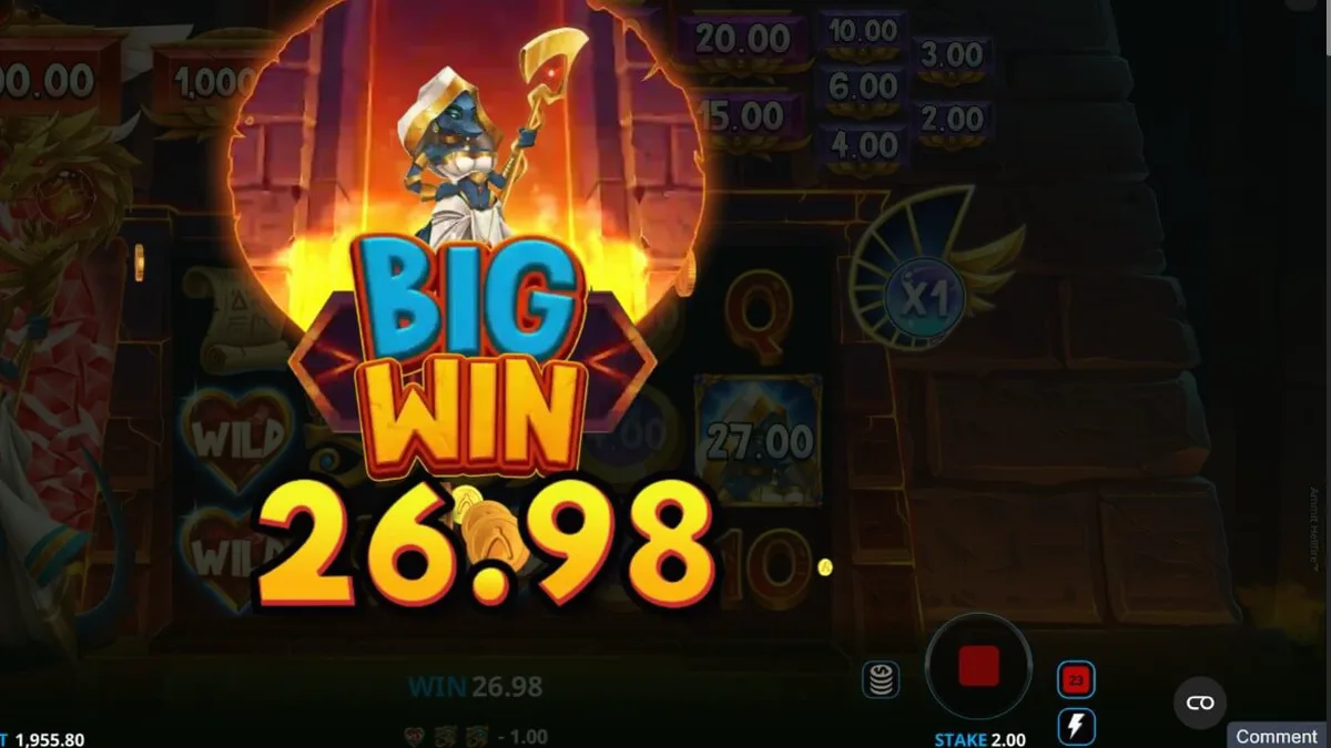 Ammit Hellfire slot game screen featuring the Egyptian goddess and colorful reels