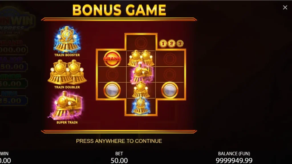 Tampilan visual slot Coin Win Express dengan tema kereta emas dan buah-buahan klasik.