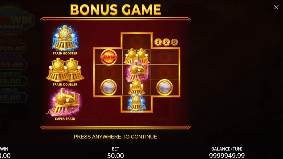 Tampilan visual slot Coin Win Express dengan tema kereta emas dan buah-buahan klasik.